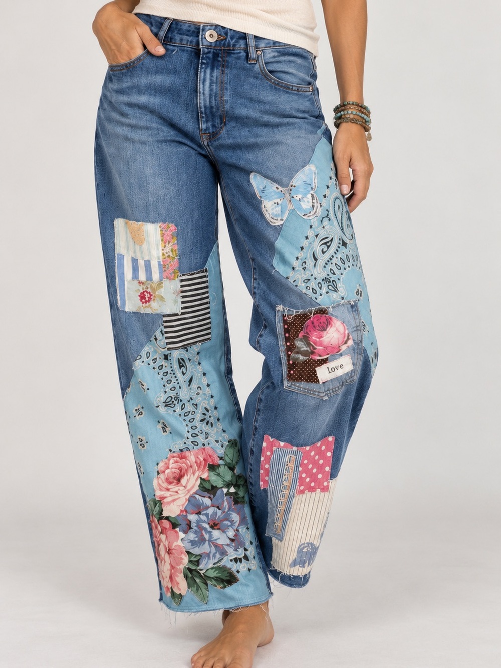 J. Jill Blue Patchwork Wide-Leg Jeans with bandana patchwork